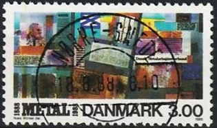 FRIMÆRKER DANMARK | 1988 - AFA 915 - Dansk Metal 100 år - 3,00 Kr. flerfarvet - Lux Stemplet Nørre-Snede
